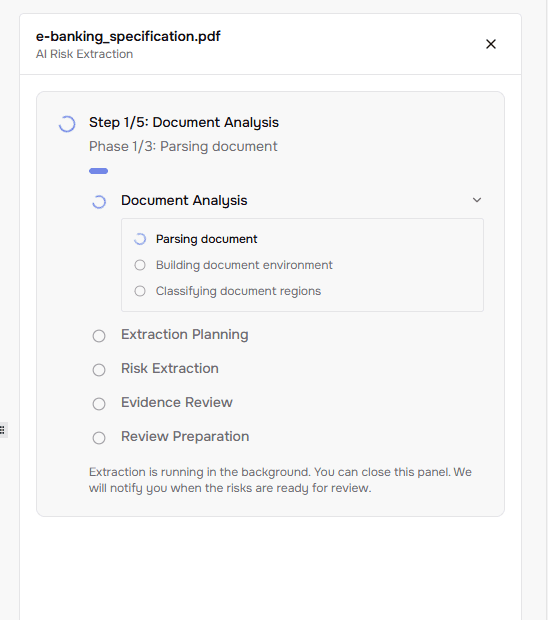 The QA Risk Agent analyzing an e-banking specification document